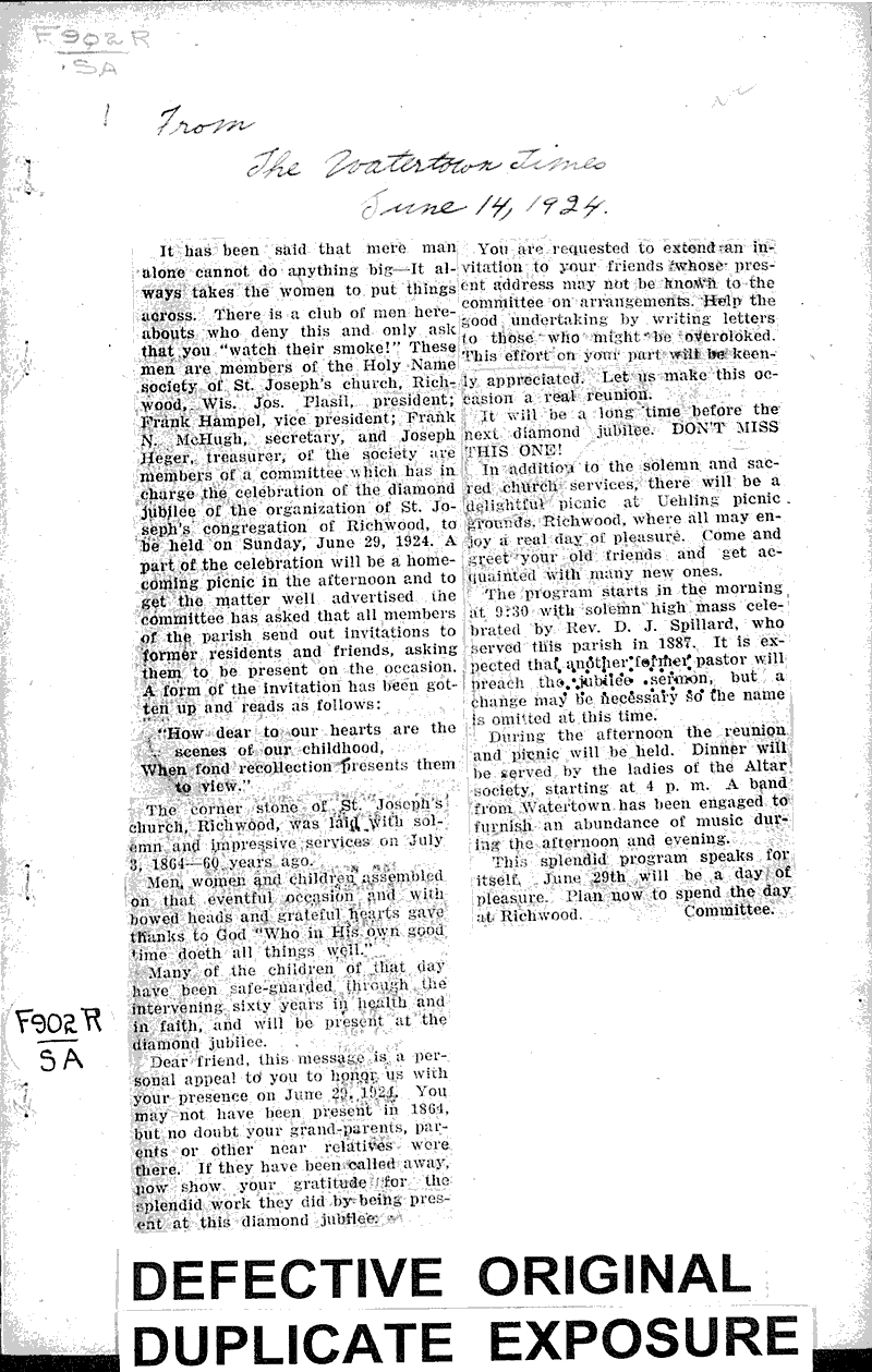  Source: Watertown Times Topics: Church History Date: 1924-06-14