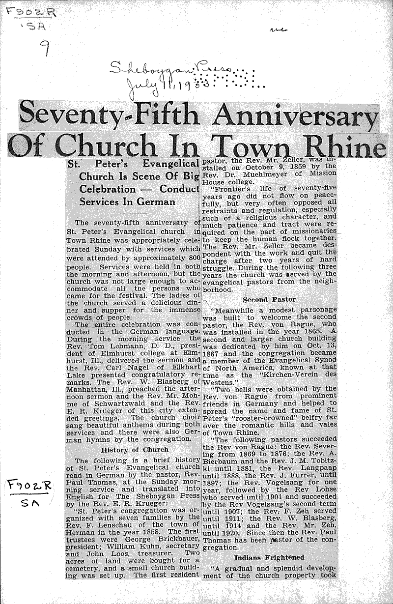  Source: Sheboygan Press Topics: Church History Date: 1933-07-11