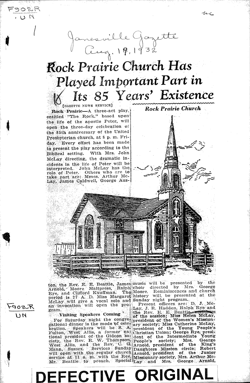 Source: Janesville Gazette Topics: Church History Date: 1932-08-19