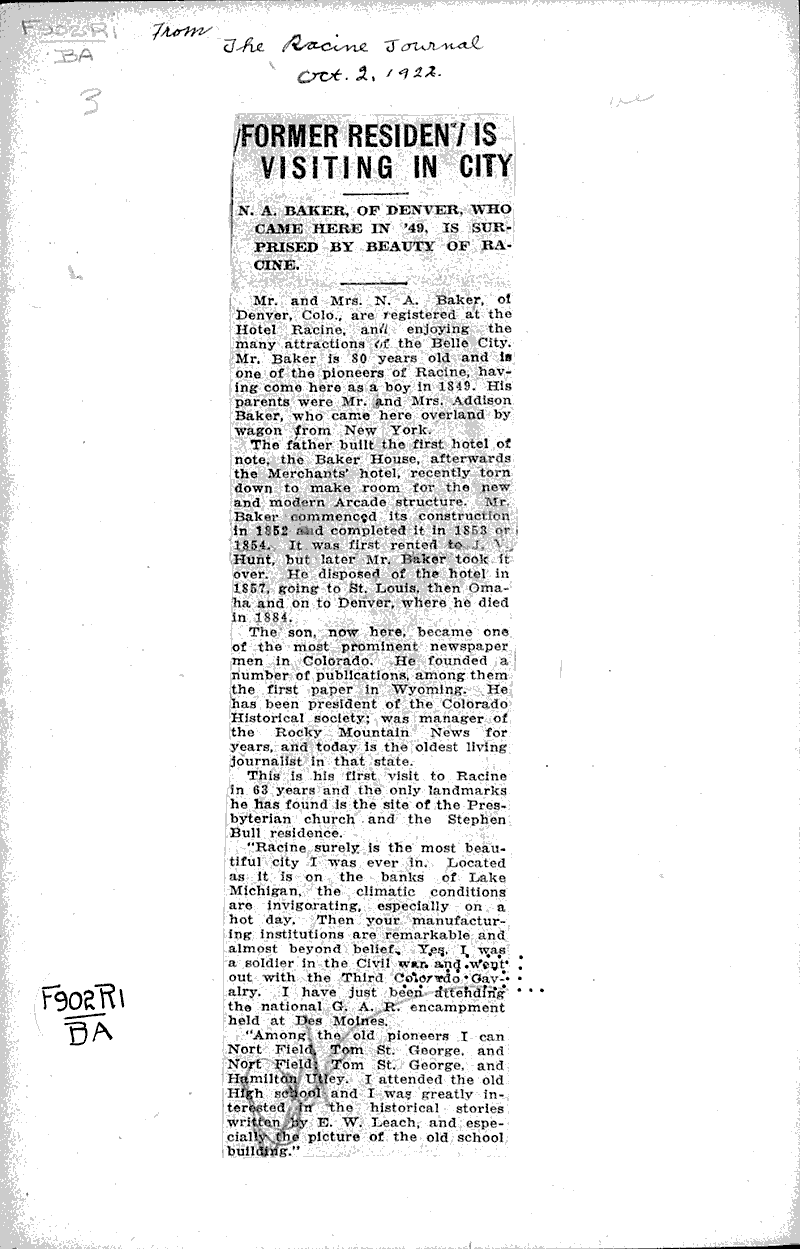 Former resident is visiting in city Newspaper Article/Clipping Wisconsin Historical Society