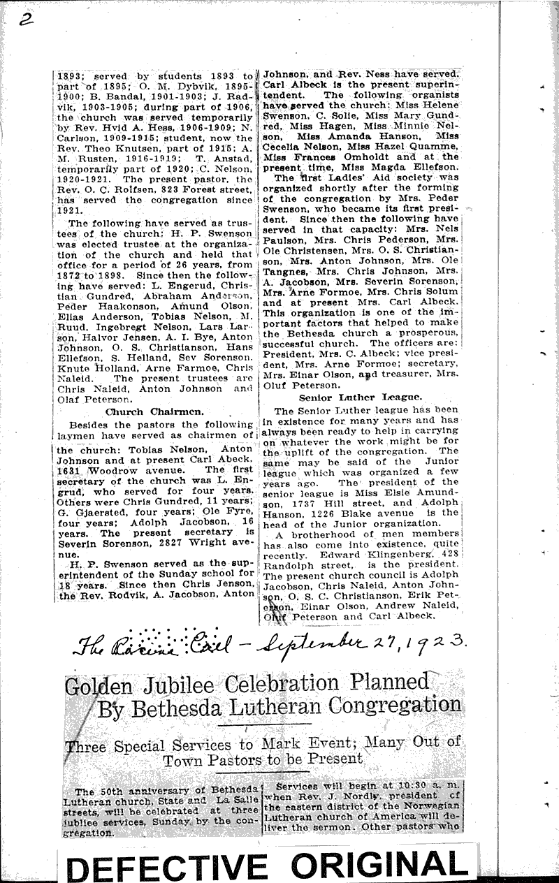  Source: Racine Daily Journal Topics: Church History Date: 1923-09-27