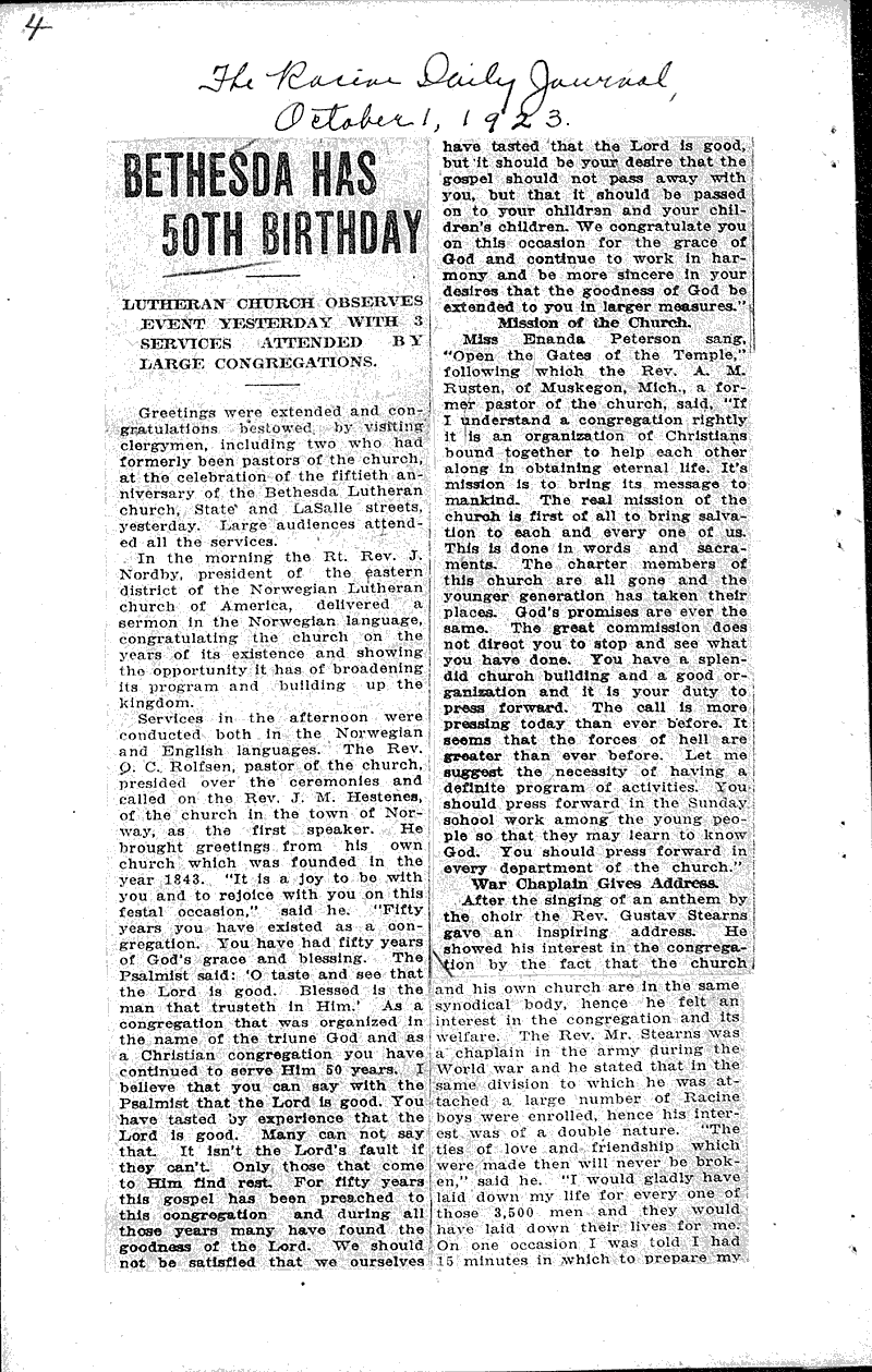  Source: Racine Daily Journal Topics: Church History Date: 1923-10-01