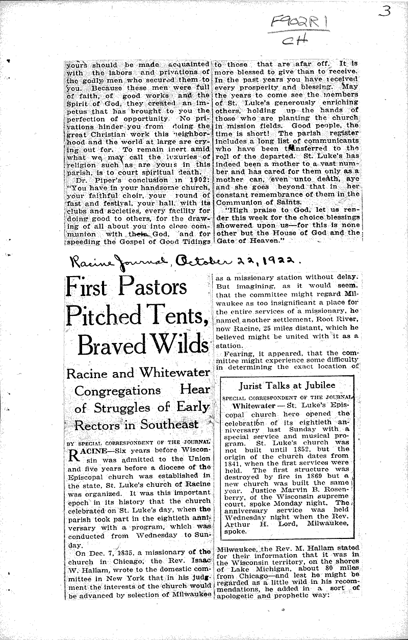 First pastors pitched tents, braved wilds Source: Racine Journal Topics: Church History Date: 1922-10-22