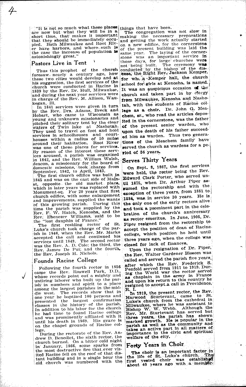 First pastors pitched tents, braved wilds Source: Racine Journal Topics: Church History Date: 1922-10-22