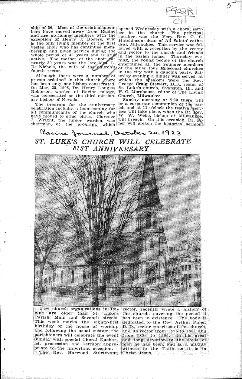 First pastors pitched tents, braved wilds Source: Racine Journal Topics: Church History Date: 1922-10-22
