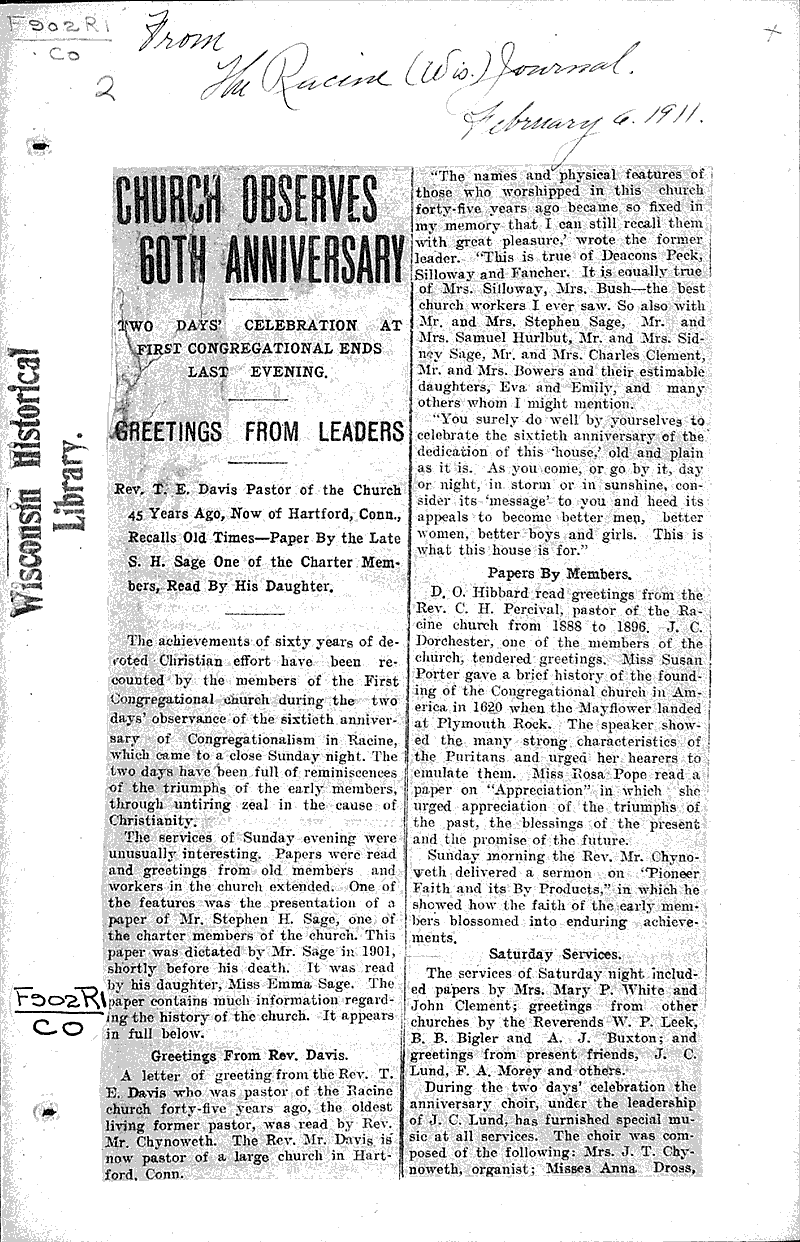  Source: Racine Journal Topics: Church History Date: 1911-02-06