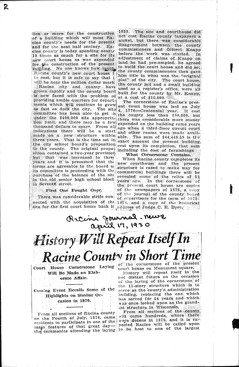  Source: Racine Journal-News Topics: Architecture Date: 1930-04-17