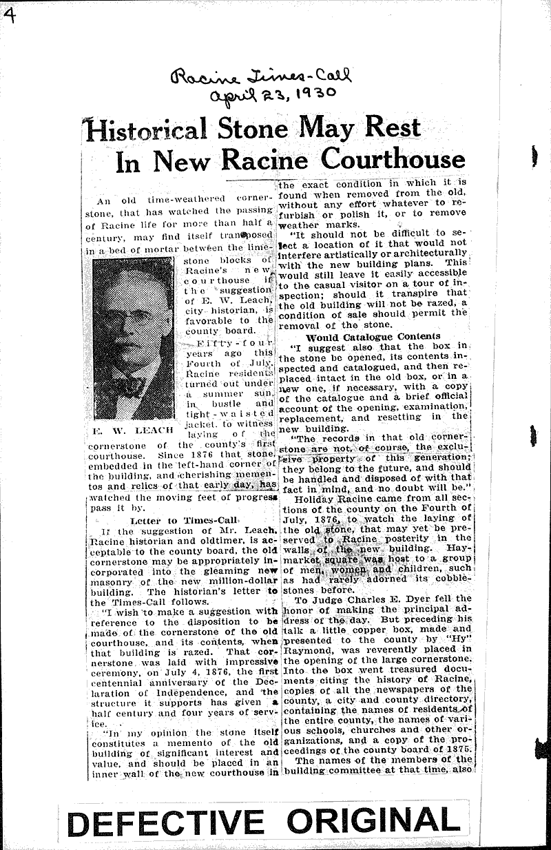 Historical stone may rest in new Racine courthouse Source: Racine Times Call Topics: Architecture Date: 1930-04-23