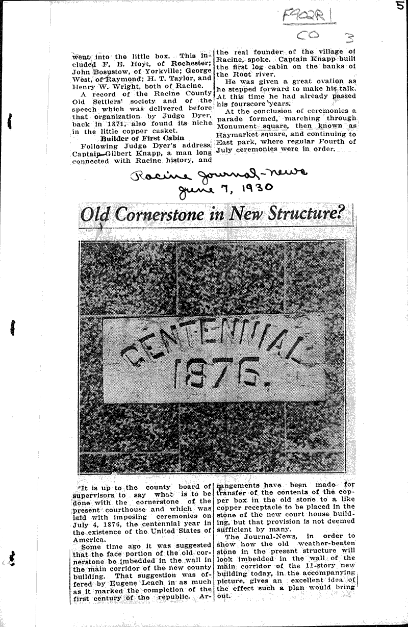 Historical stone may rest in new Racine courthouse Source: Racine Times Call Topics: Architecture Date: 1930-04-23