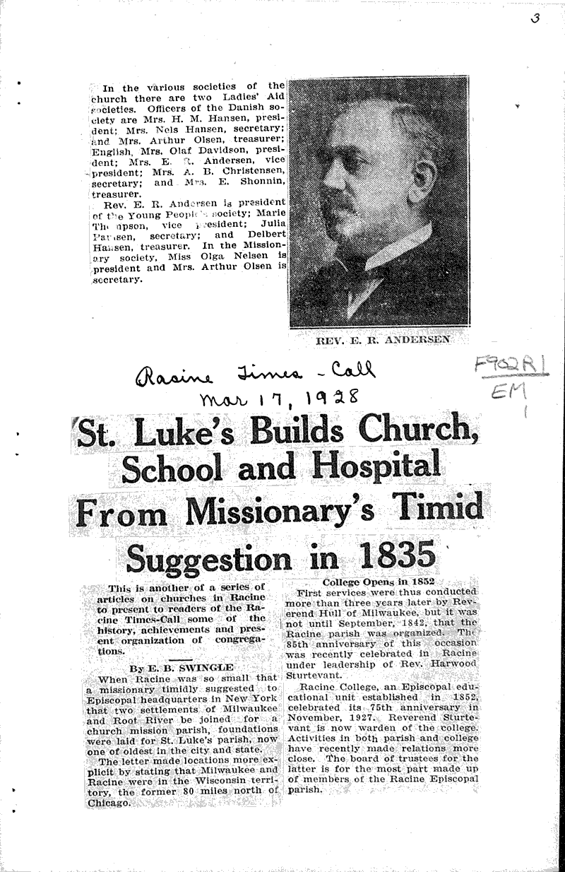  Source: Racine Times Call Topics: Church History Date: 1928-03-17