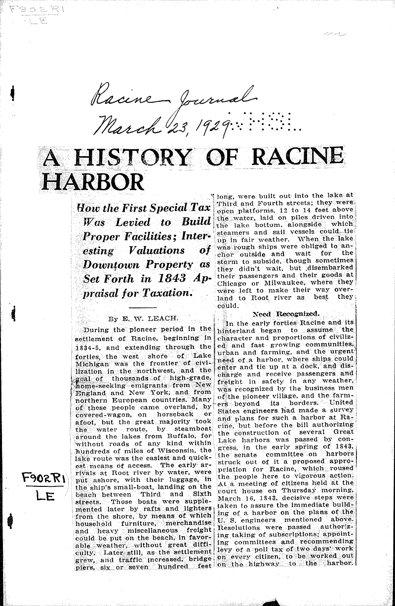 A history of Racine harbor Newspaper Article/Clipping Wisconsin Historical Society