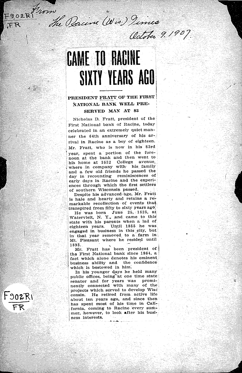  Source: Racine Times Date: 1907-10-09