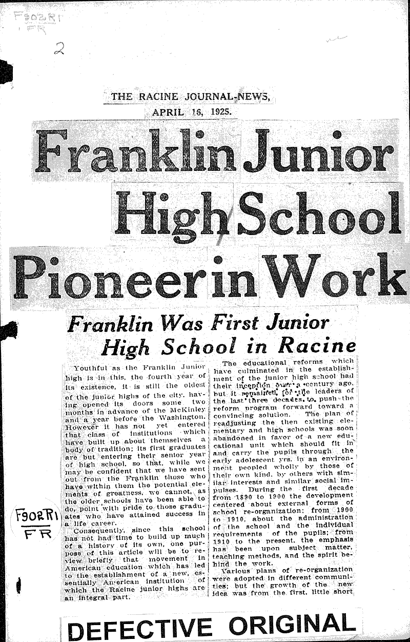  Source: Racine Journal-News Topics: Education Date: 1925-04-16