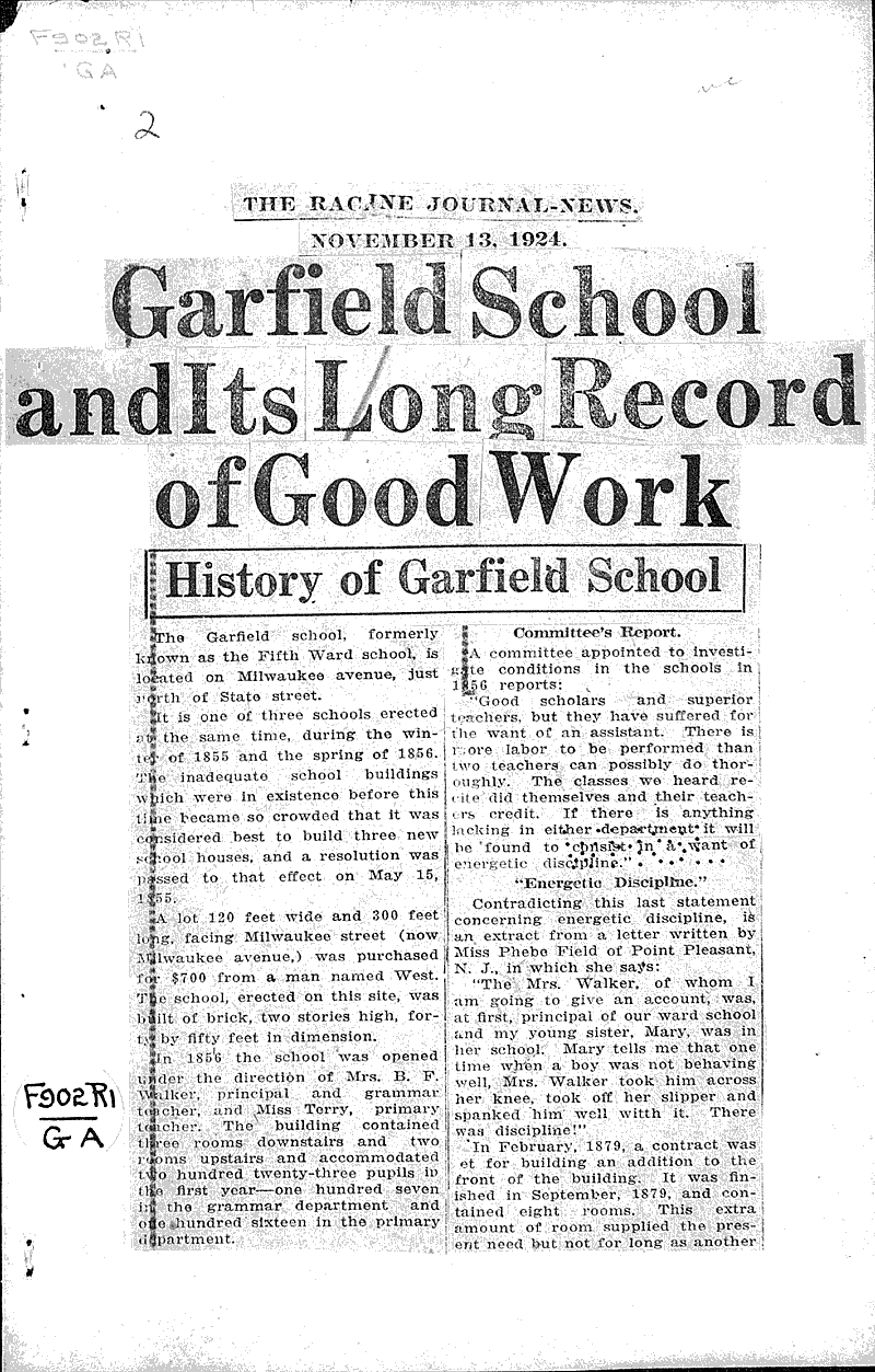 Garfield school and its long record of good work Source: Racine Journal-News Topics: Education Date: 1924-11-13