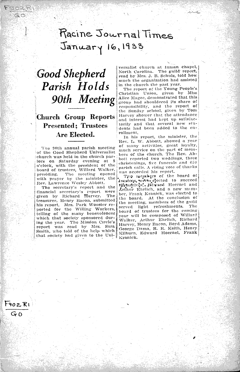  Source: Racine Journal-Times Topics: Church History Date: 1933-01-16