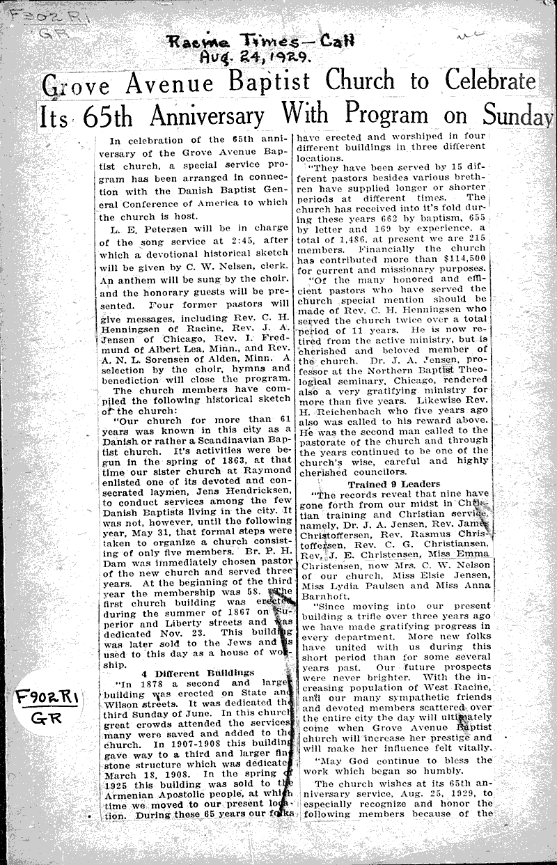 Source: Racine Times Call Topics: Church History Date: 1929-08-24
