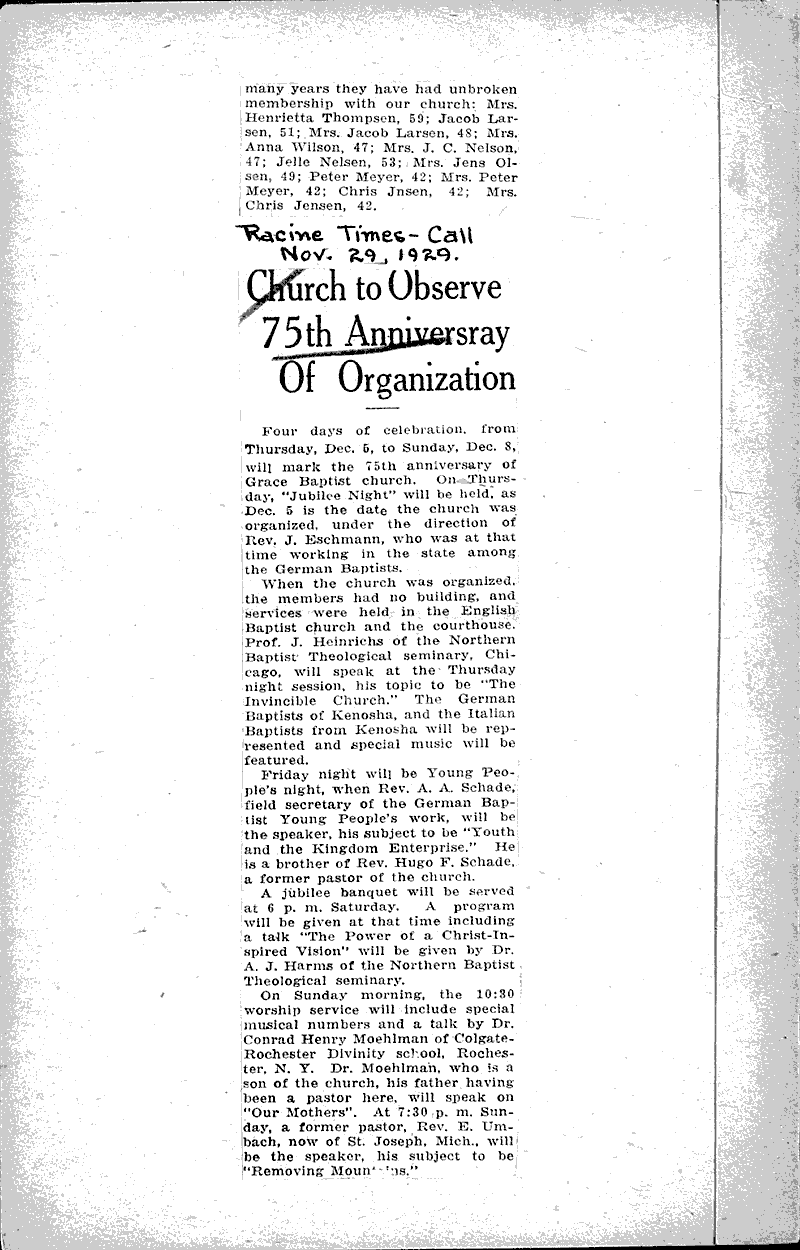  Source: Racine Times Call Topics: Church History Date: 1929-11-29