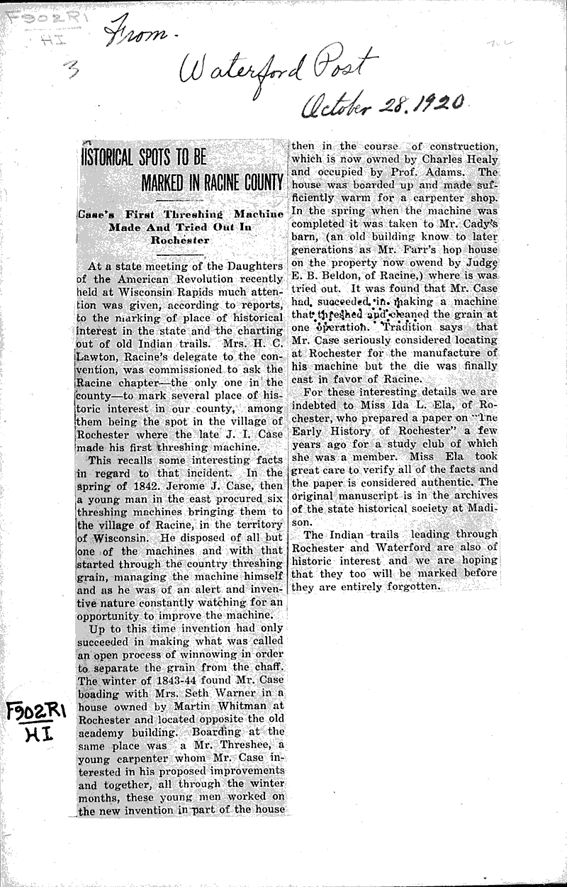 Historical spots to be marked in Racine county Newspaper Article