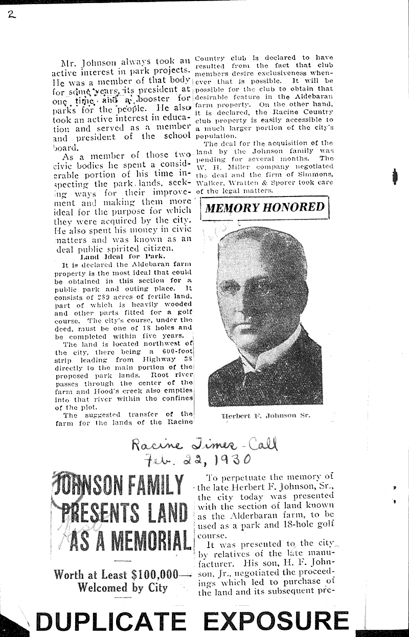  Source: Racine Times Call Date: 1930-02-22