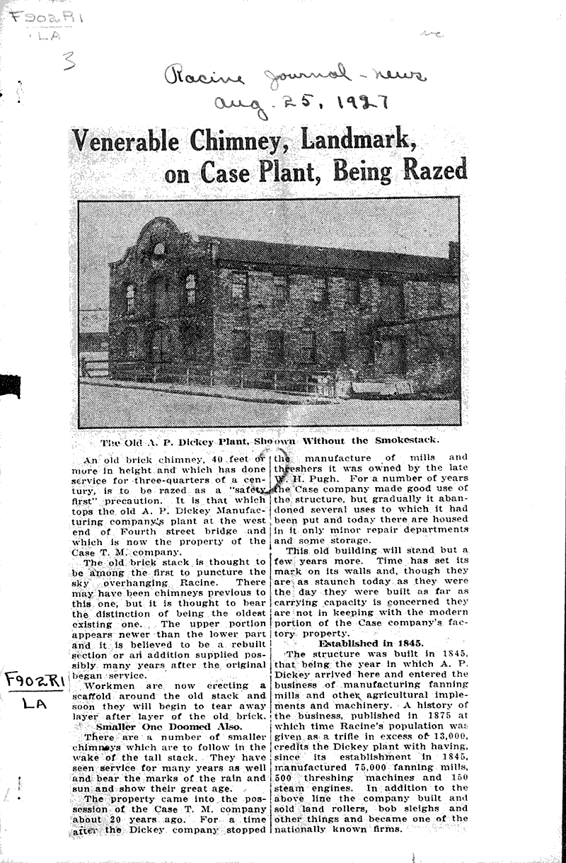 Venerable chimney, landmark, on case plant, being razed Newspaper