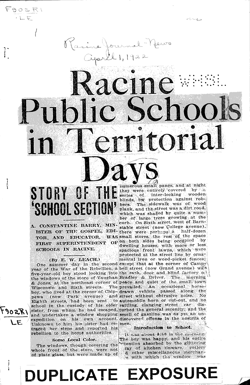 Racine public schools in territorial days Newspaper Article/Clipping