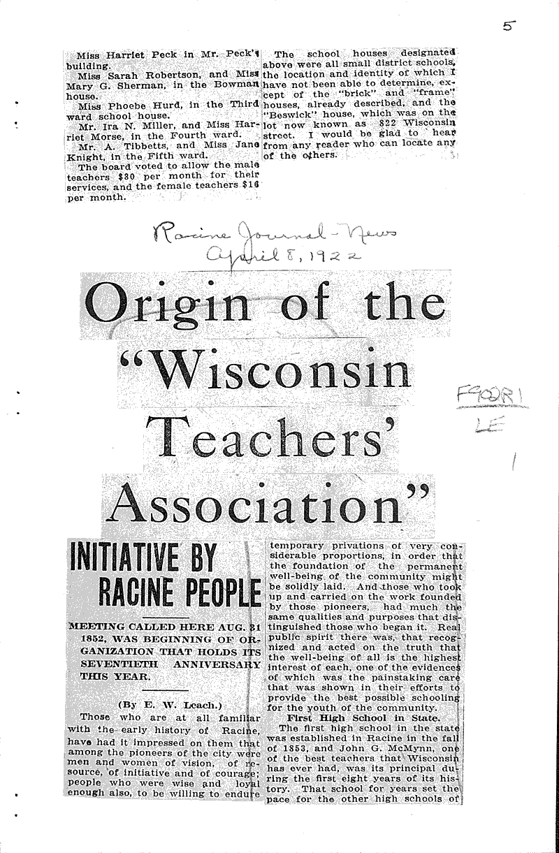  Source: Racine Journal-News Topics: Education Date: 1922-04-01
