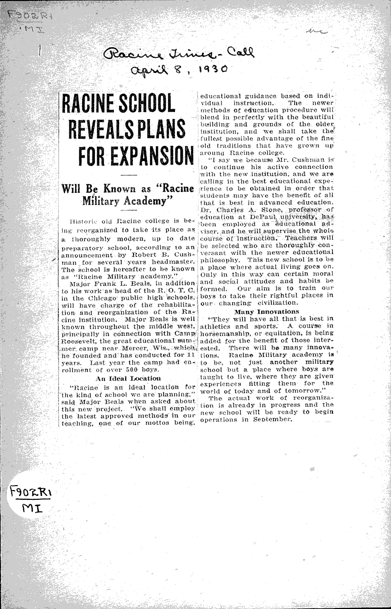 Racine school reveals plans for expansion Newspaper Article/Clipping