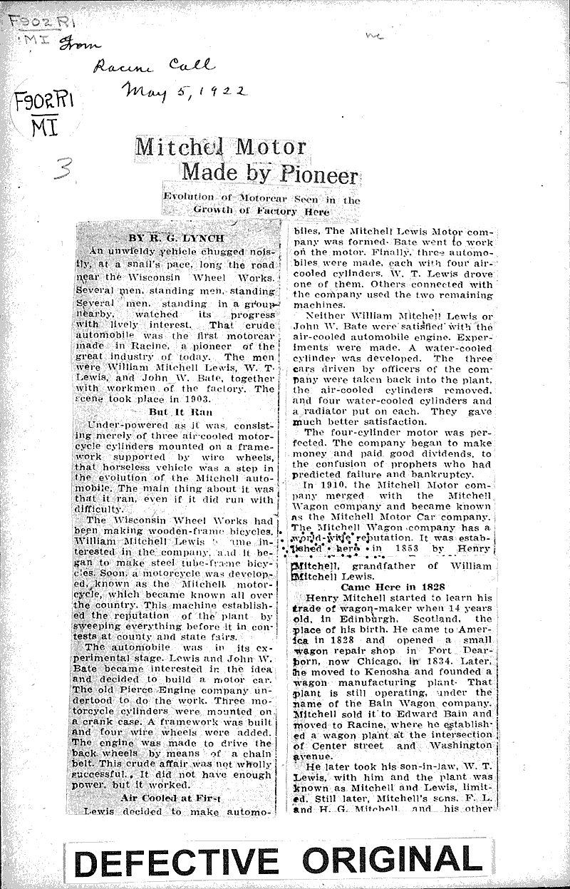  Source: Racine Call Topics: Industry Date: 1922-05-05