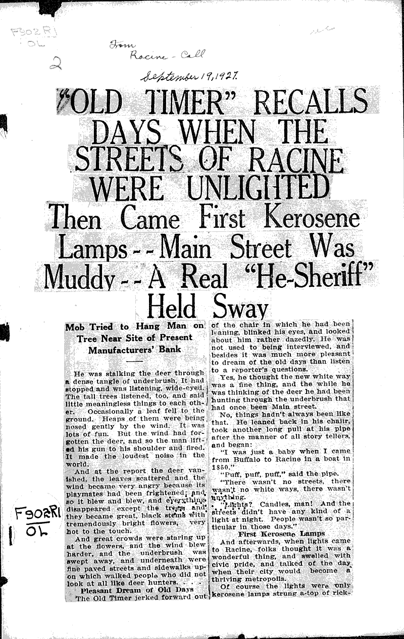 "Old timer" recalls days when the streets of Racine were unlighted