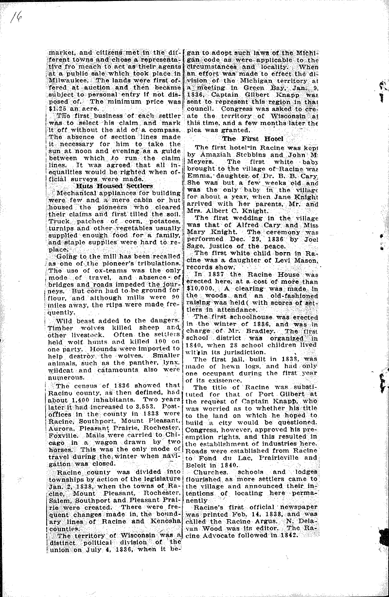 Racine's first name was "Port GIlbert" Newspaper Article/Clipping