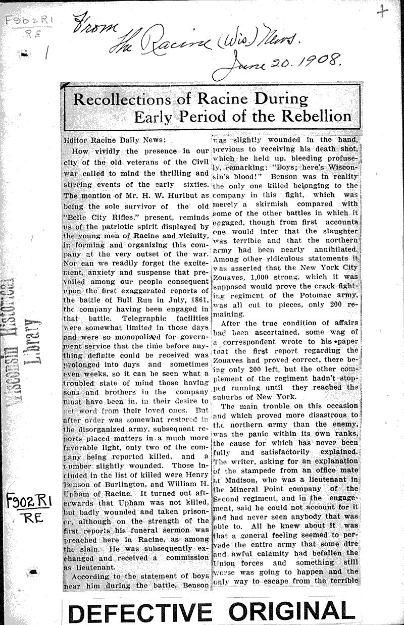 Recollections of Racine during early period of the rebellion