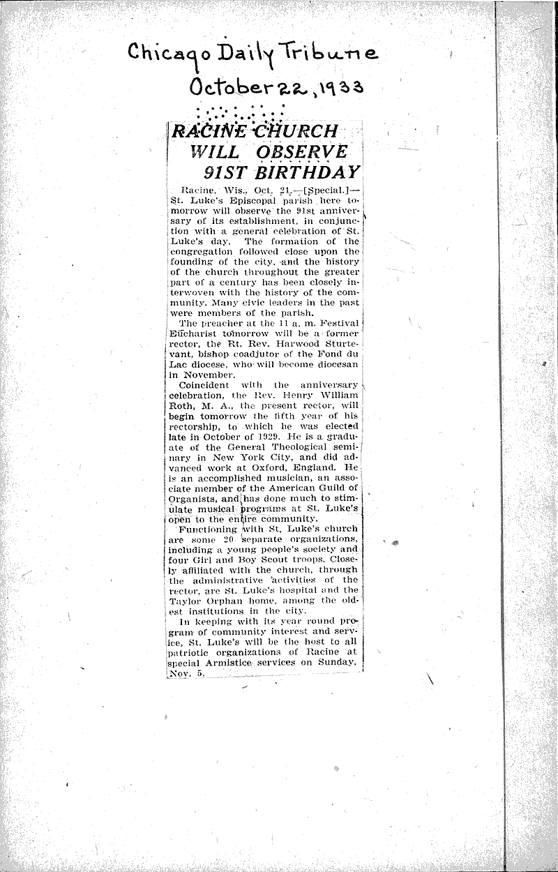 Racine church will observe 91st birthday Newspaper Article/Clipping