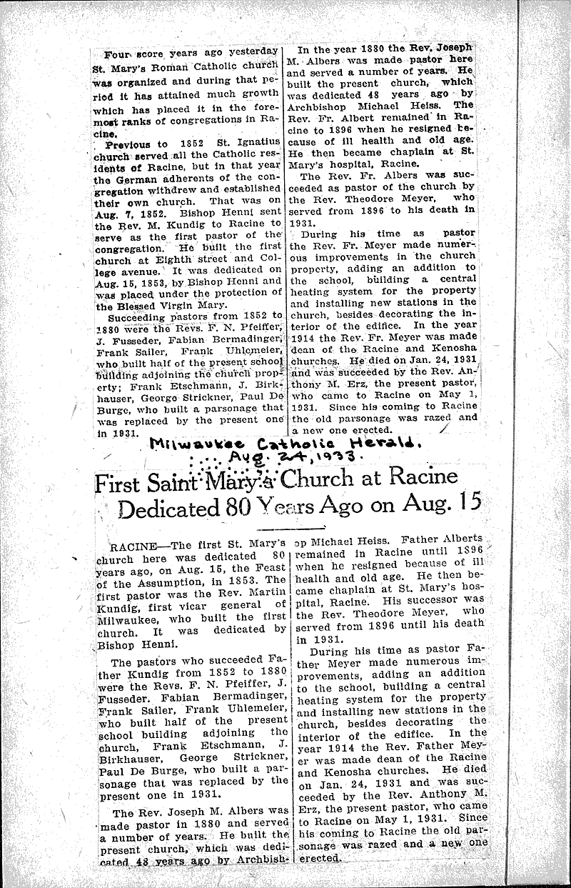  Source: Milwaukee Catholic Herald Topics: Church History Date: 1933-08-24