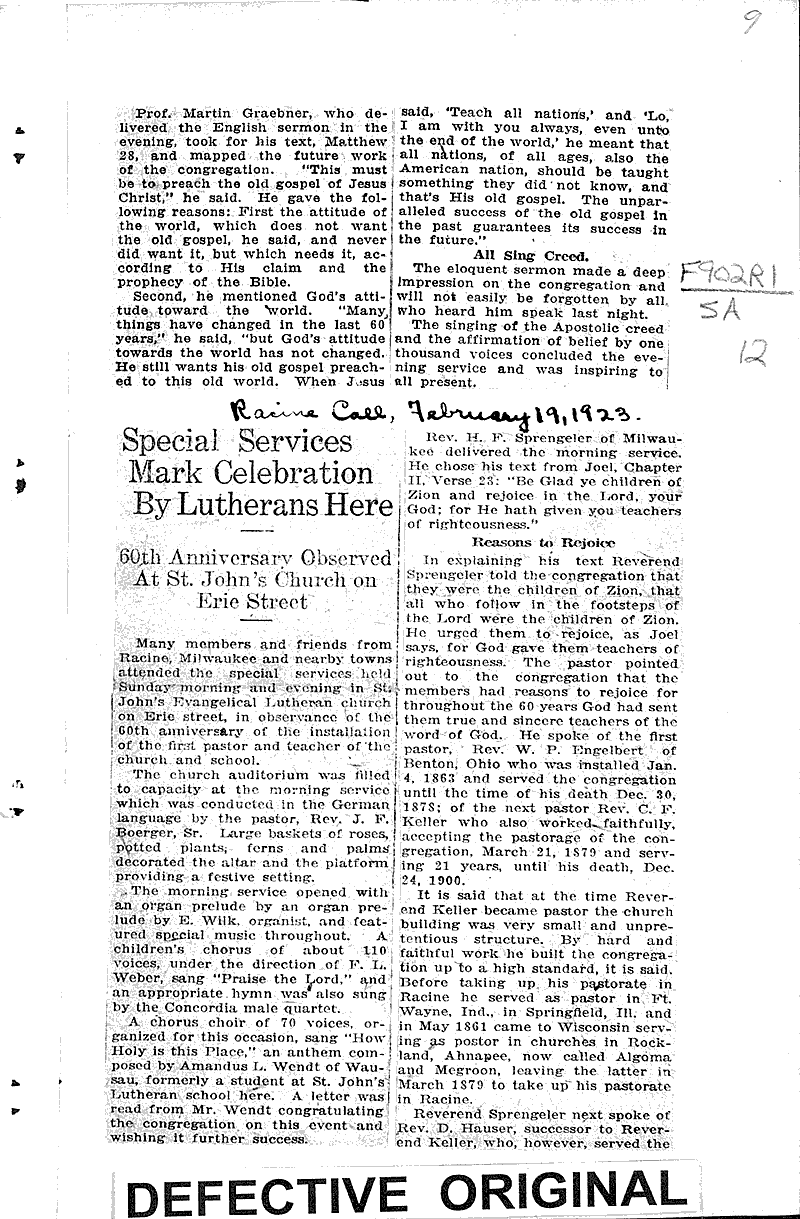 Racine church has 60 birthday Newspaper Article/Clipping Wisconsin