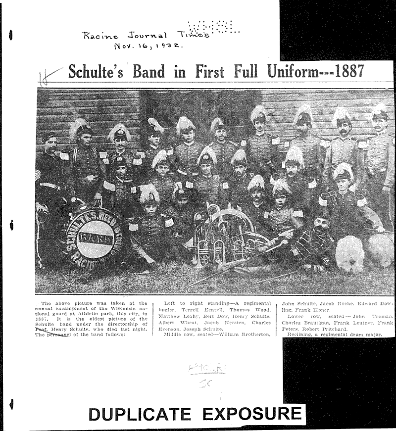 Schulte's band in first full uniform - 1887 Source: Racine Journal-Times Date: 1932-11-16