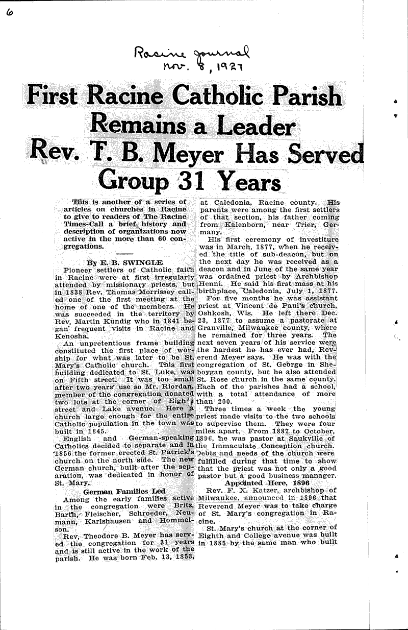  Source: Racine Journal Topics: Church History Date: 1927-11-08