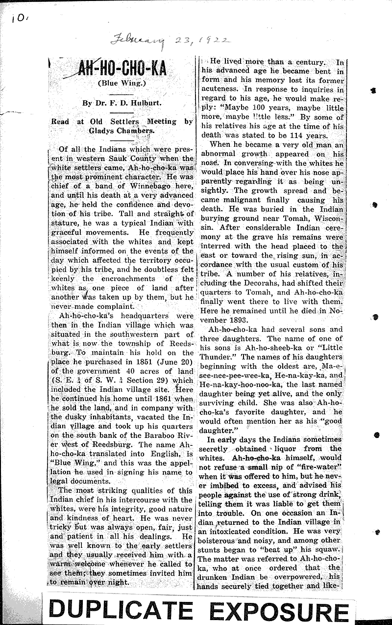  Source: Reedsburg Free Press Topics: Indians and Native Peoples Date: 1922-02-23