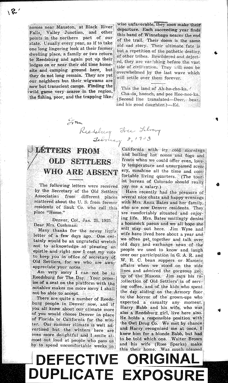  Source: Reedsburg Free Press Topics: Indians and Native Peoples Date: 1922-02-23