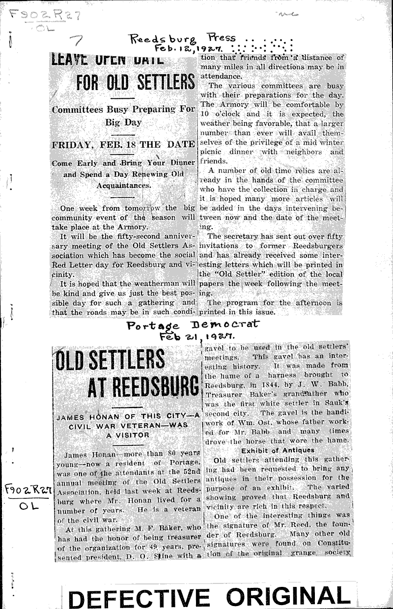 Old settlers at Reedsburg Newspaper Article/Clipping Wisconsin