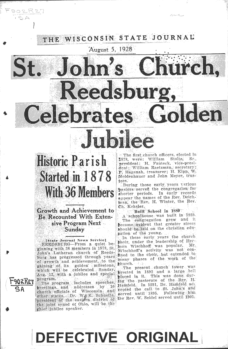  Source: Wisconsin State Journal Topics: Church History Date: 1928-08-05