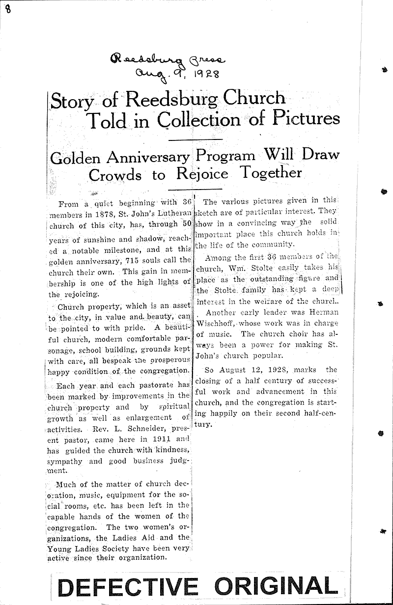  Source: Reedsburg Free Press Topics: Church History Date: 1928-08-09