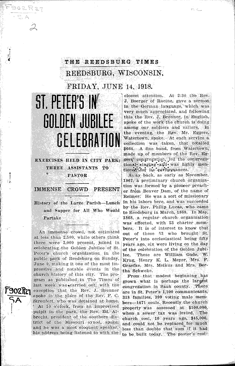  Source: Reedsburg Times Topics: Church History Date: 1918-06-14