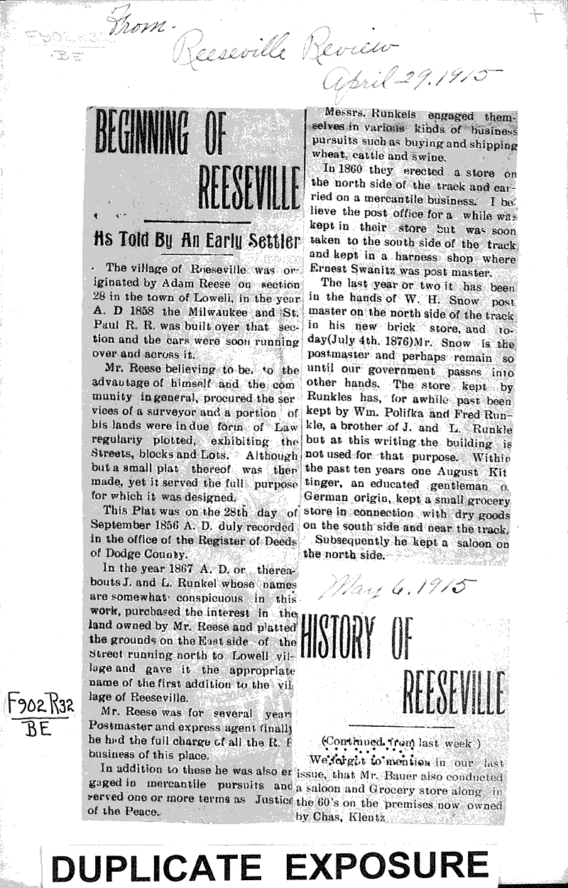 History of Reeseville Newspaper Article/Clipping Wisconsin