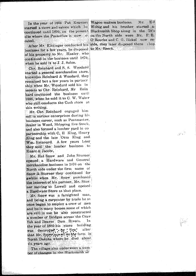 History of Reeseville Newspaper Article/Clipping Wisconsin