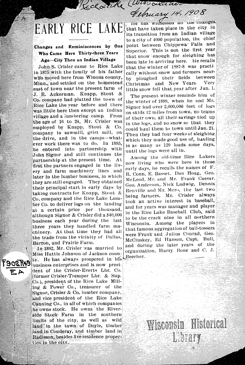 Early Rice Lake Newspaper Article/Clipping Wisconsin Historical Society
