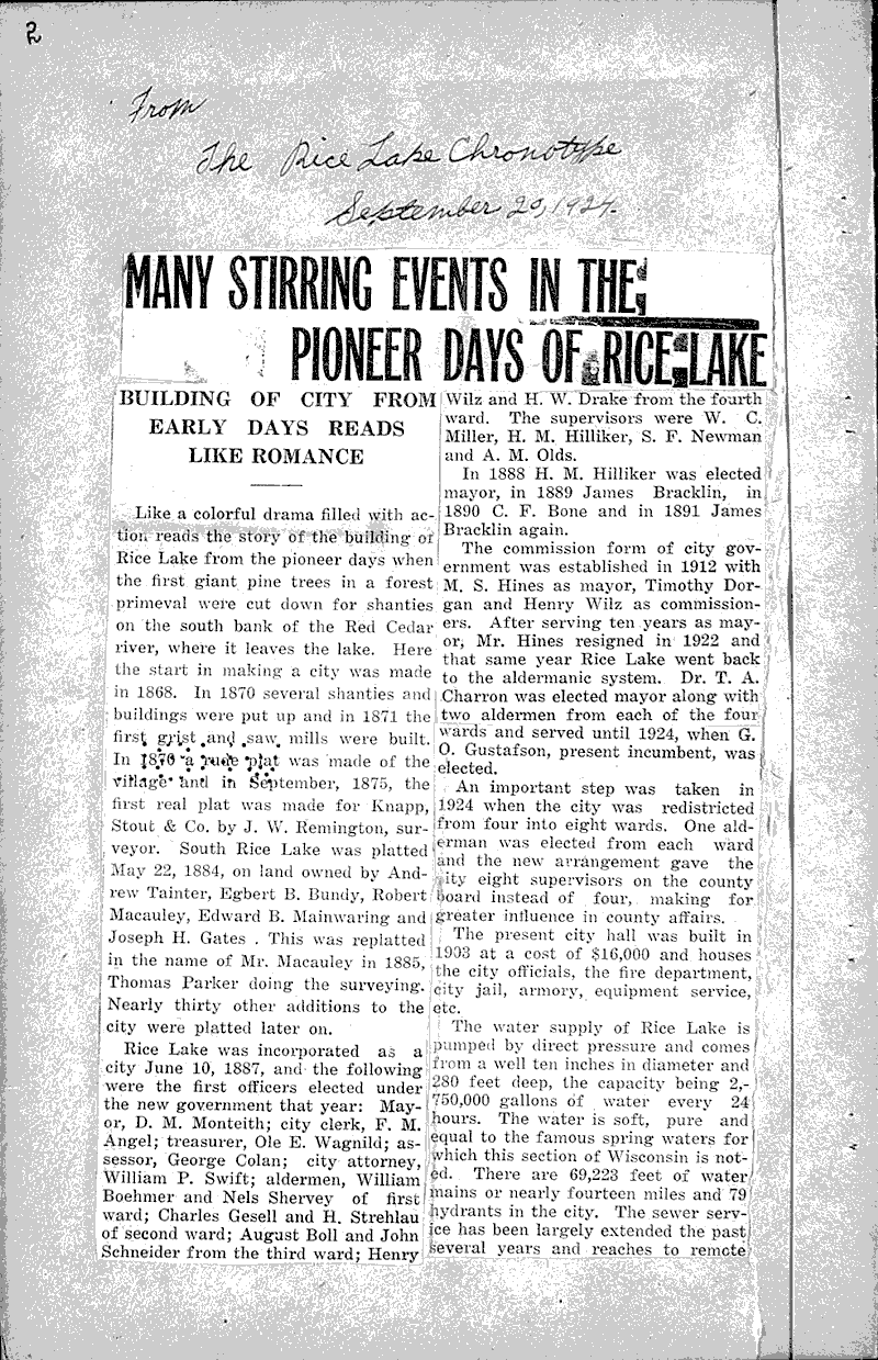 Many stirring events in the pioneer days of Rice Lake Newspaper