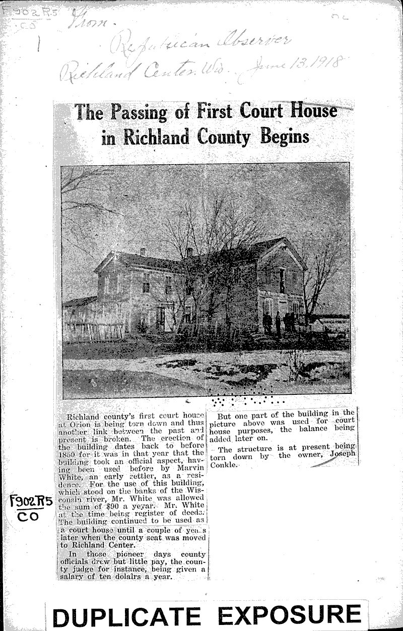 The passing of first court house in Richland county begins Newspaper