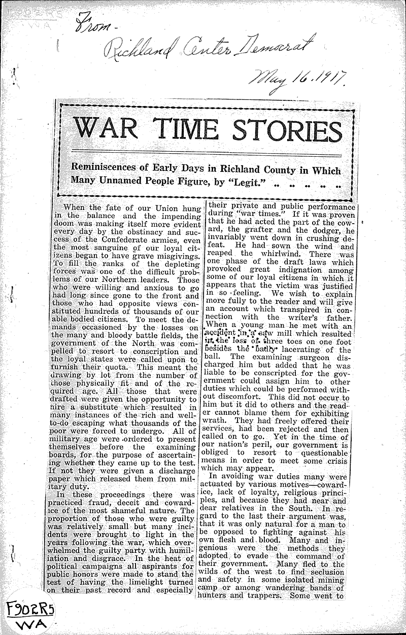  Source: Richland Center Democrat Topics: Civil War Date: 1917-05-16