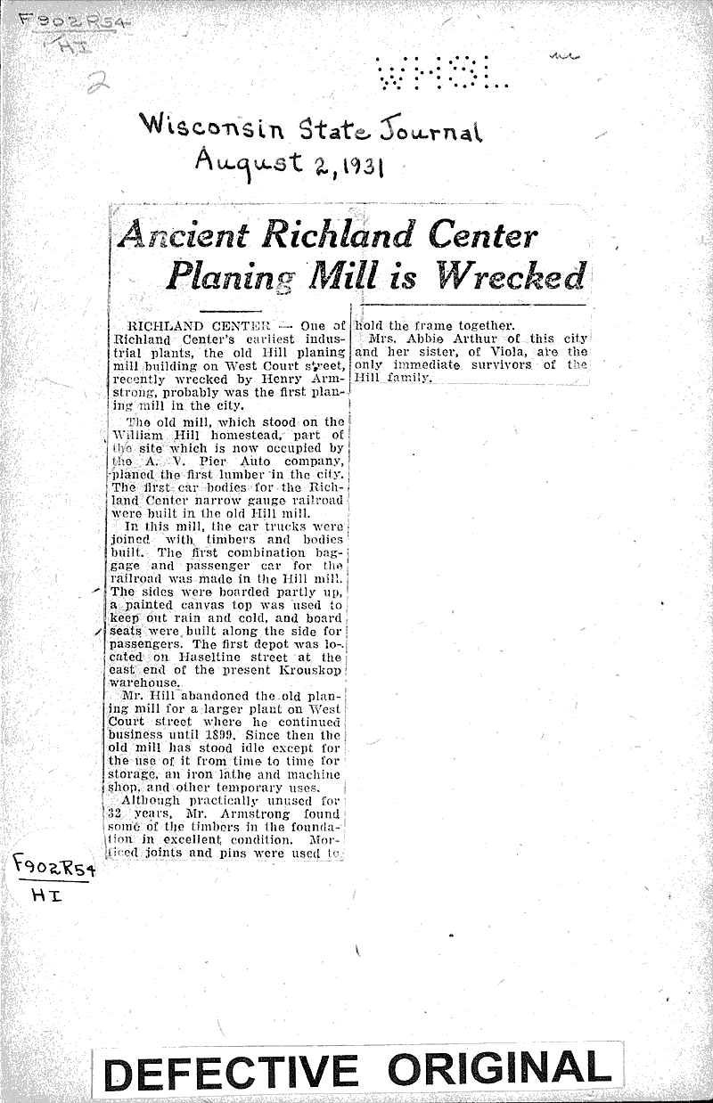 Ancient Richland Center planing mill is wrecked Newspaper Article