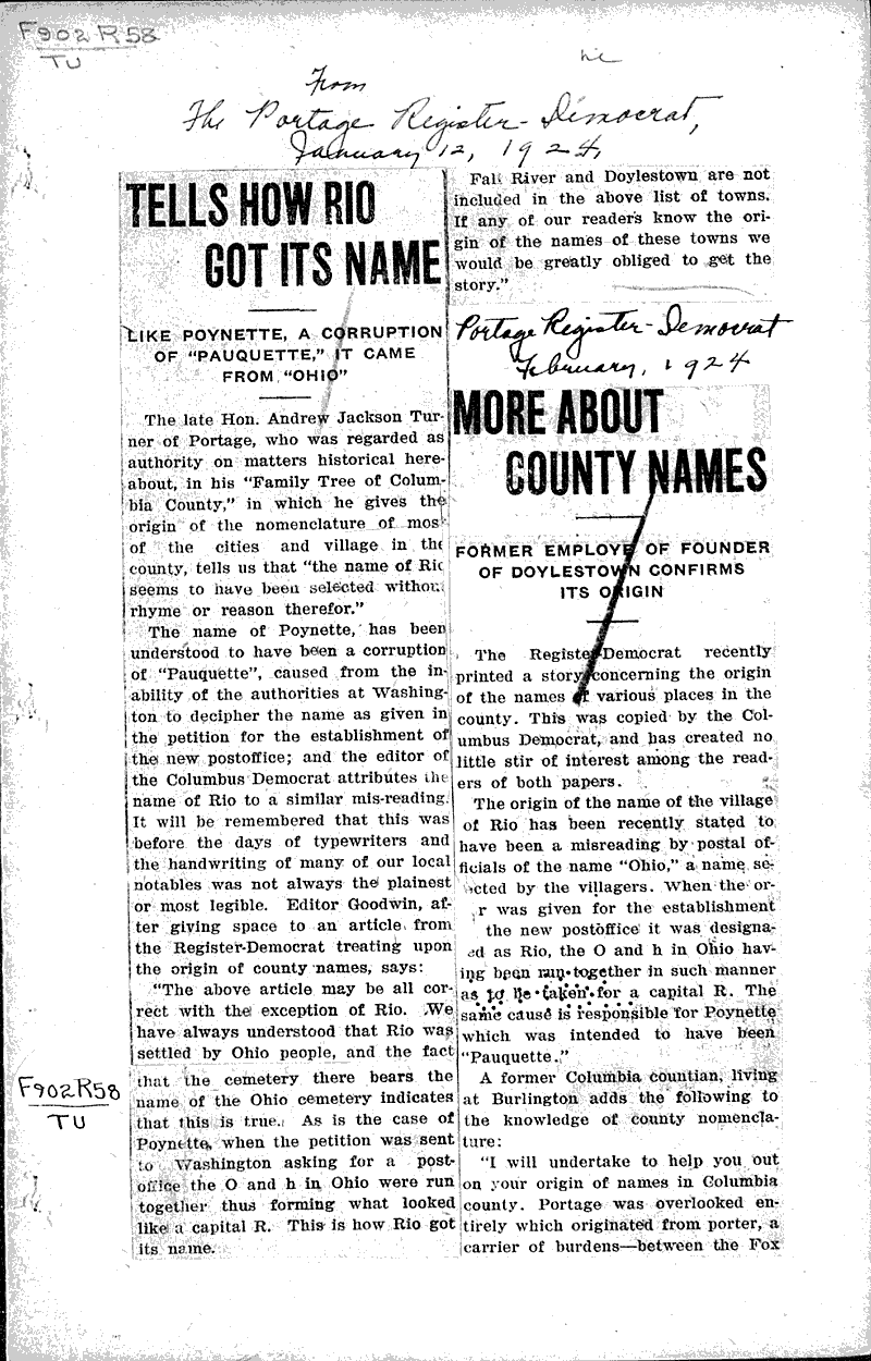 Tells how Rio got its name Newspaper Article/Clipping Wisconsin